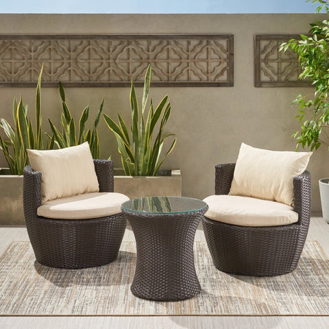 Image of Kyoto Outdoor Round 3-Piece Brown Wicker Chat Set with Beige Cushions