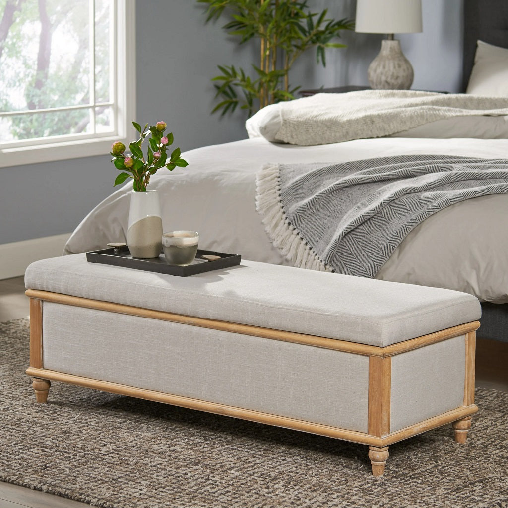 Lombardi French Style Upholstered Light Beige Fabric Storage Ottoman