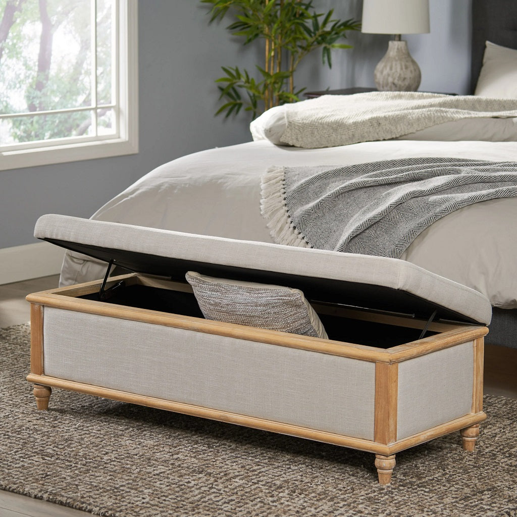 Lombardi French Style Upholstered Light Beige Fabric Storage Ottoman