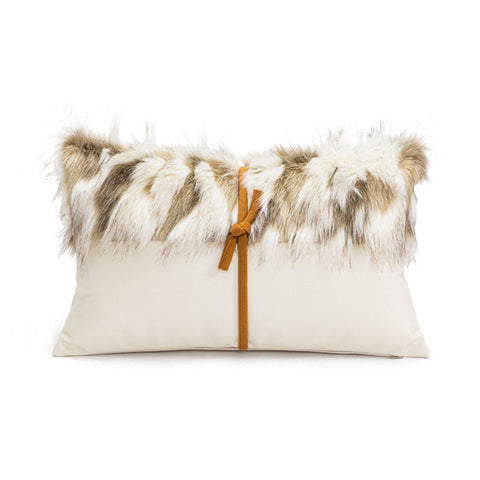 Image of Long Faux Fur White Leather Lumbar Pillow Cover with Tied Knot