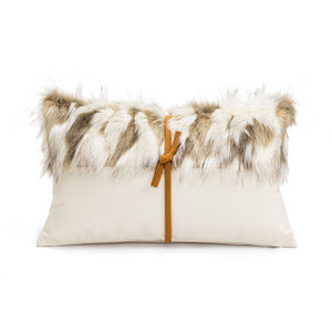 Long Faux Fur White Leather Lumbar Pillow Cover with Tied Knot