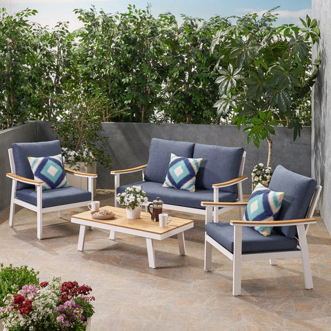 Image of Mathias Outdoor 4 Piece Aluminum and Faux Wood Chat Set with Cushions