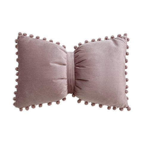 Image of Mauve Bow Lumbar Pillow Cover with Pom Pom
