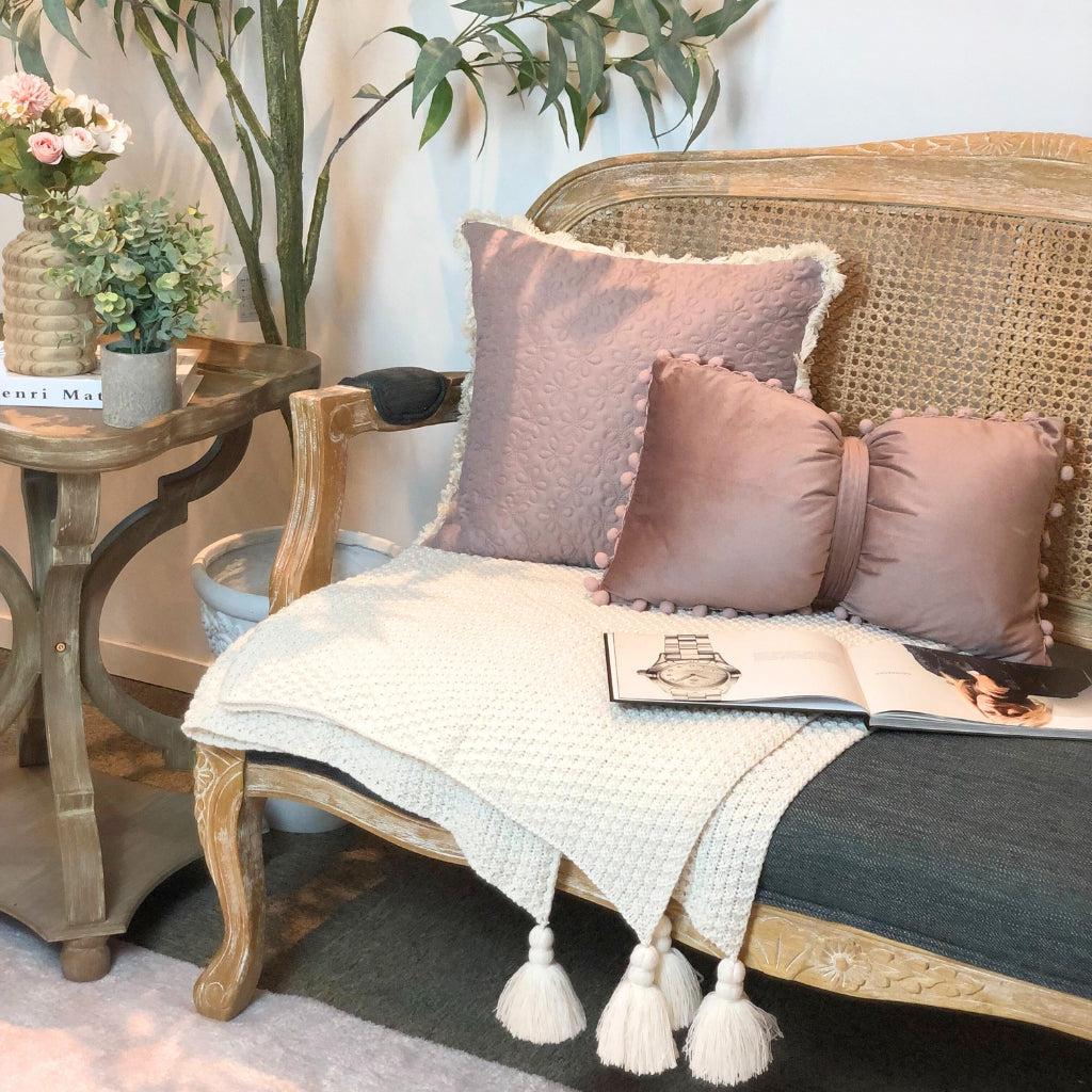 Mauve Floral Embroidered Fringe Throw Pillow Cover