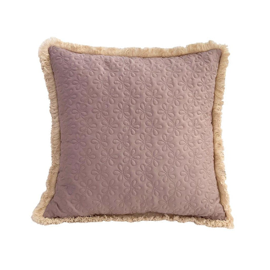 Mauve Floral Embroidered Fringe Throw Pillow Cover