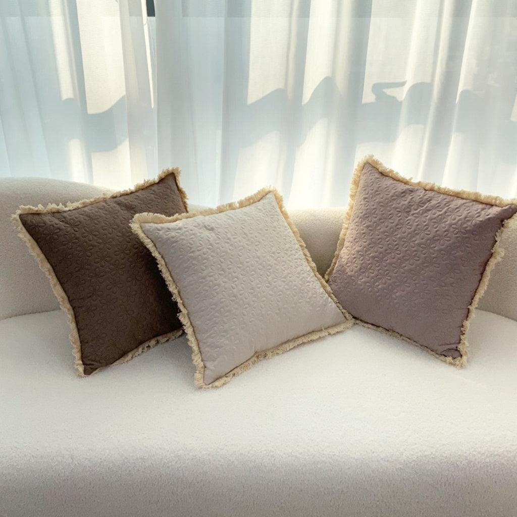 Misty Gray Floral Embroidered Fringe Throw Pillow Cover