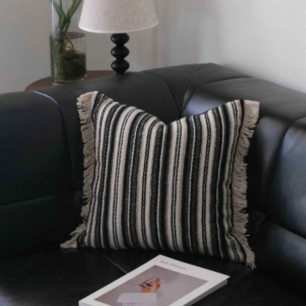 Monochrome Boho Stripes Fringed Throw Pillow Cover