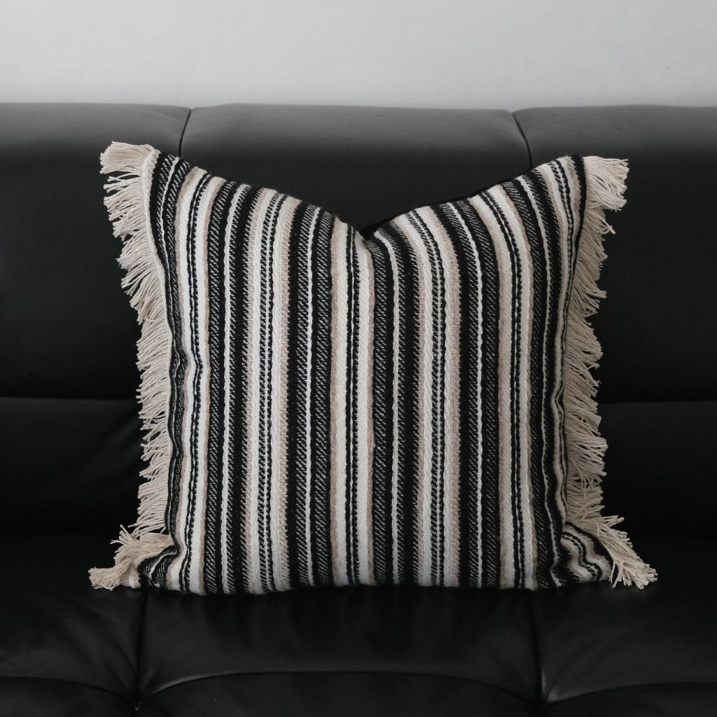 Monochrome Boho Stripes Fringed Throw Pillow Cover