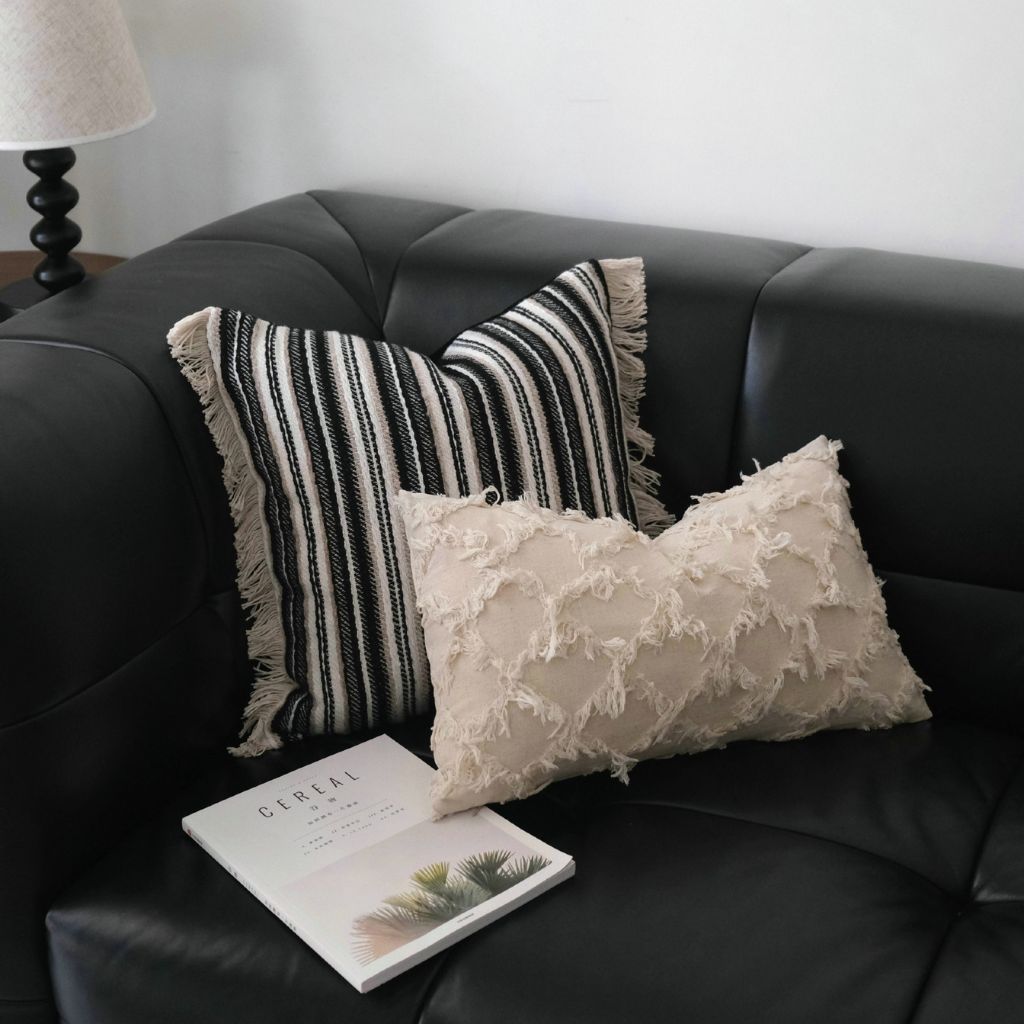 Monochrome Boho Stripes Fringed Throw Pillow Cover