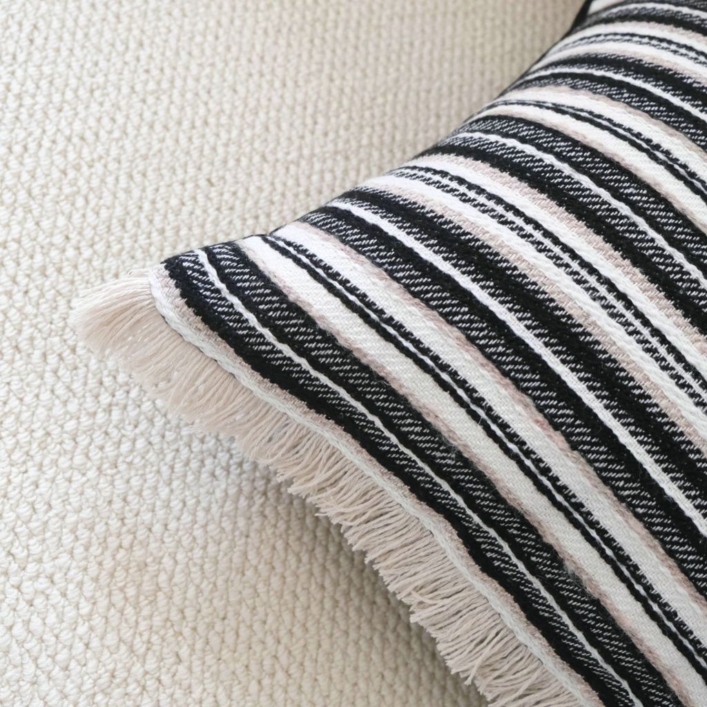 Monochrome Boho Stripes Fringed Throw Pillow Cover