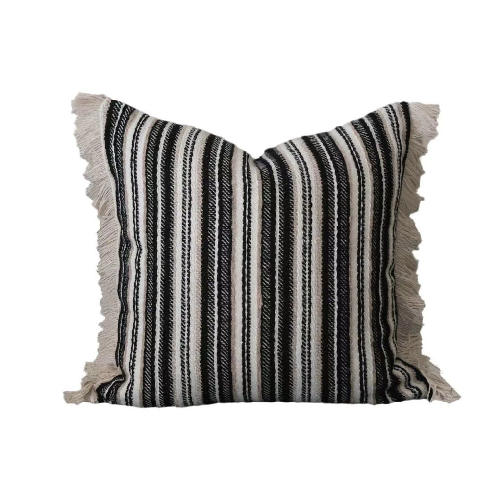 Monochrome Boho Stripes Fringed Throw Pillow Cover