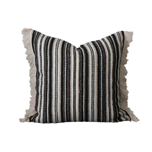 Monochrome Boho Stripes Fringed Throw Pillow Cover