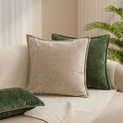 Image of Moss Green Chenille Throw Pillow Cover With Blanket Stitch