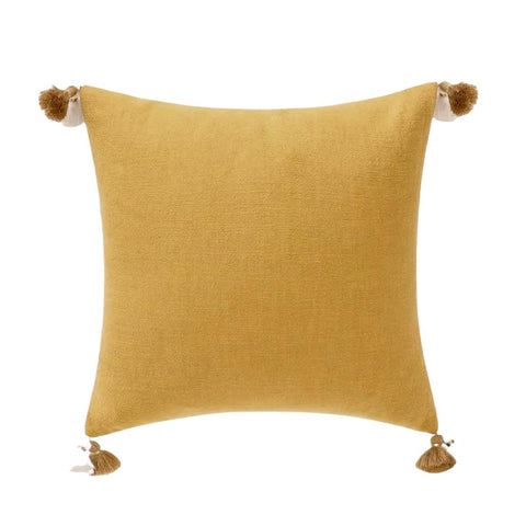Image of Mustard Yellow Floral Tassel Linen Throw Pillow Cover