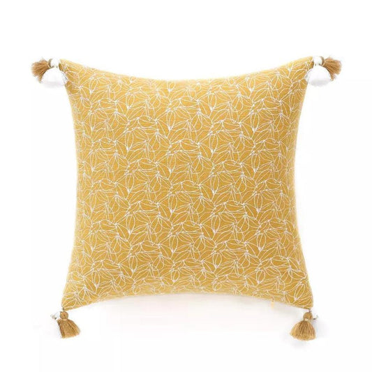 Mustard Yellow Floral Tassel Linen Throw Pillow Cover