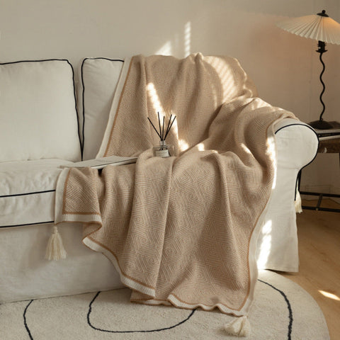 Image of Natural Geometric Knitted Throw Blanket With Tassels