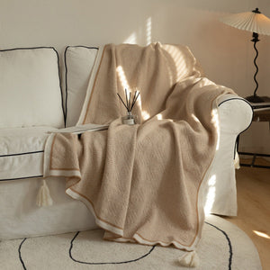 Natural Geometric Knitted Throw Blanket With Tassels
