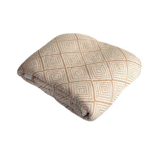 Natural Geometric Knitted Throw Blanket With Tassels