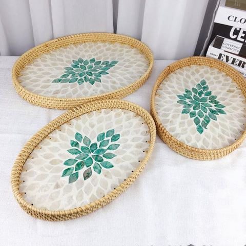 Image of Natural Sea Shell Handwoven Rattan Oval Serving Tray