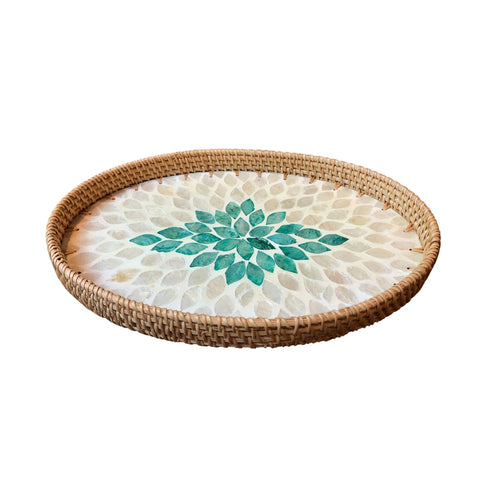 Image of Natural Sea Shell Handwoven Rattan Oval Serving Tray