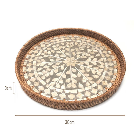 Image of Natural Sea Shell Handwoven Rattan Round Large Serving Tray