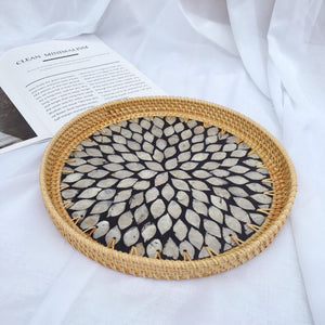 Natural Sea Shell Handwoven Rattan Round Serving Tray