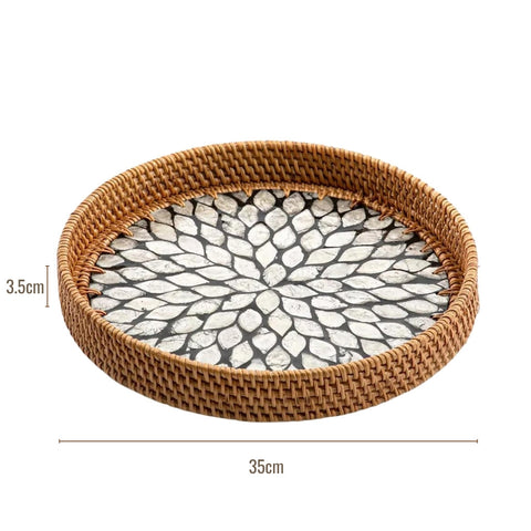 Image of Natural Sea Shell Handwoven Rattan Round Serving Tray