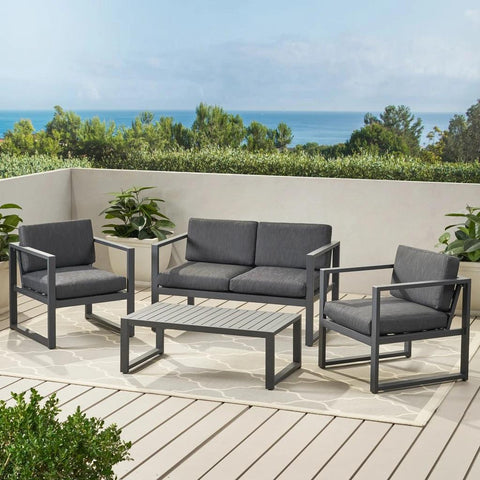 Image of Nealie Modern Outdoor 4-Piece Dark Gray Aluminium Chat Set with Cushions