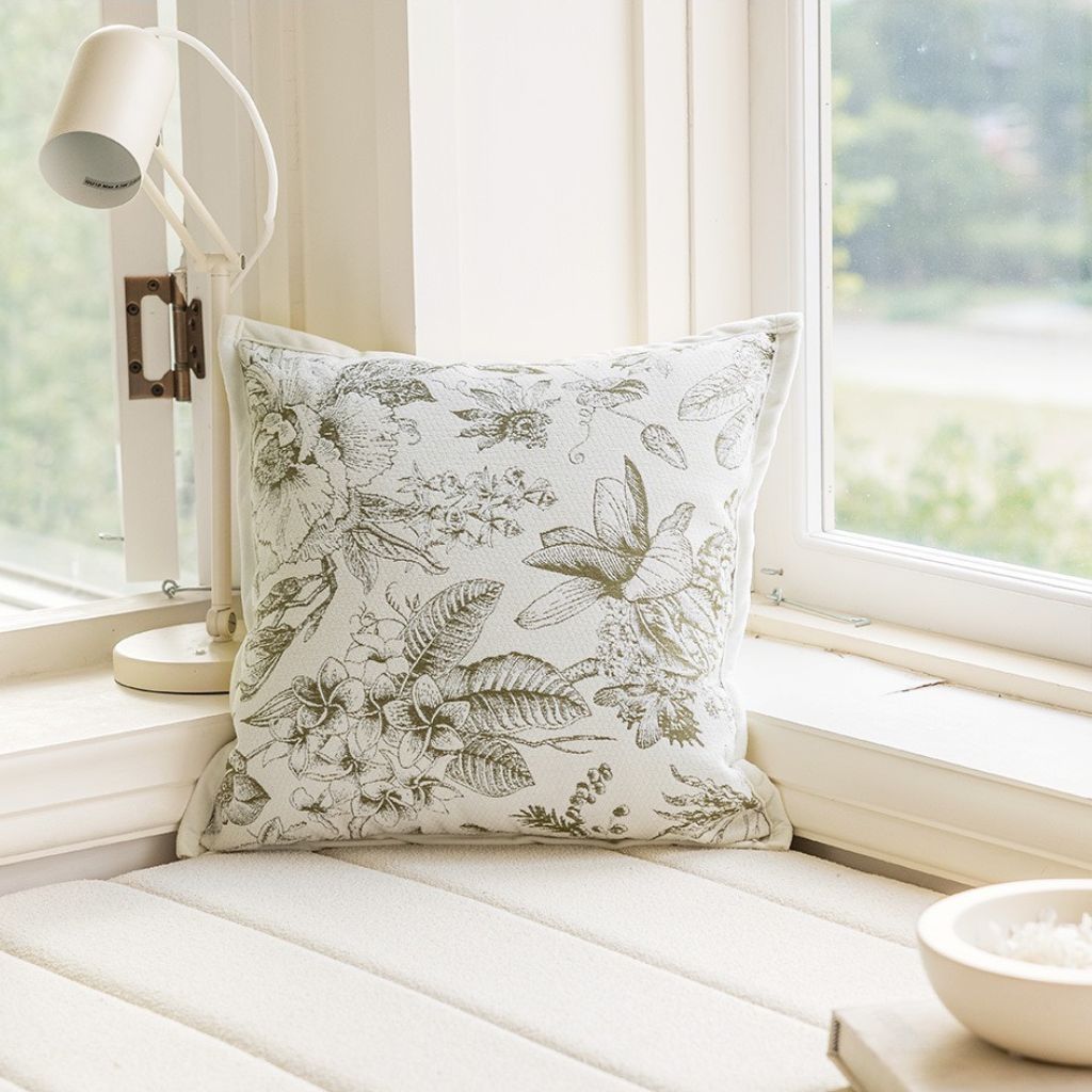 Neutral Cream and Green Spring Flowers Throw Pillow Cover