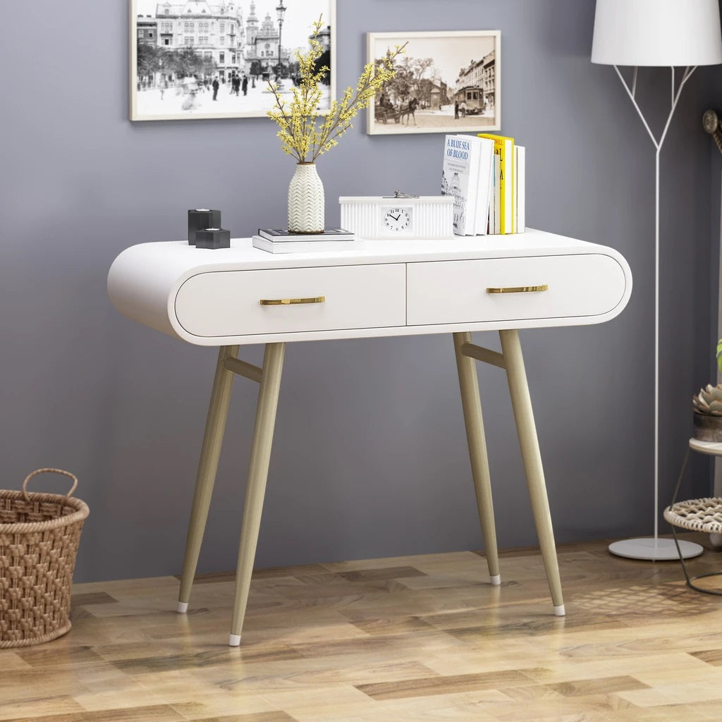 Nola Modern Faux Wood Vanity Table, White and Champagne Gold