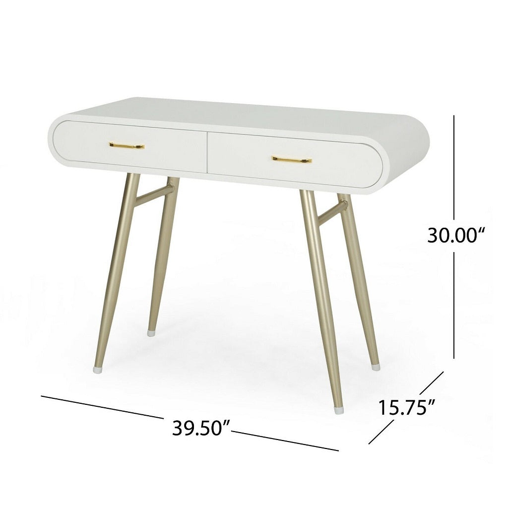 Nola Modern Faux Wood Vanity Table, White and Champagne Gold