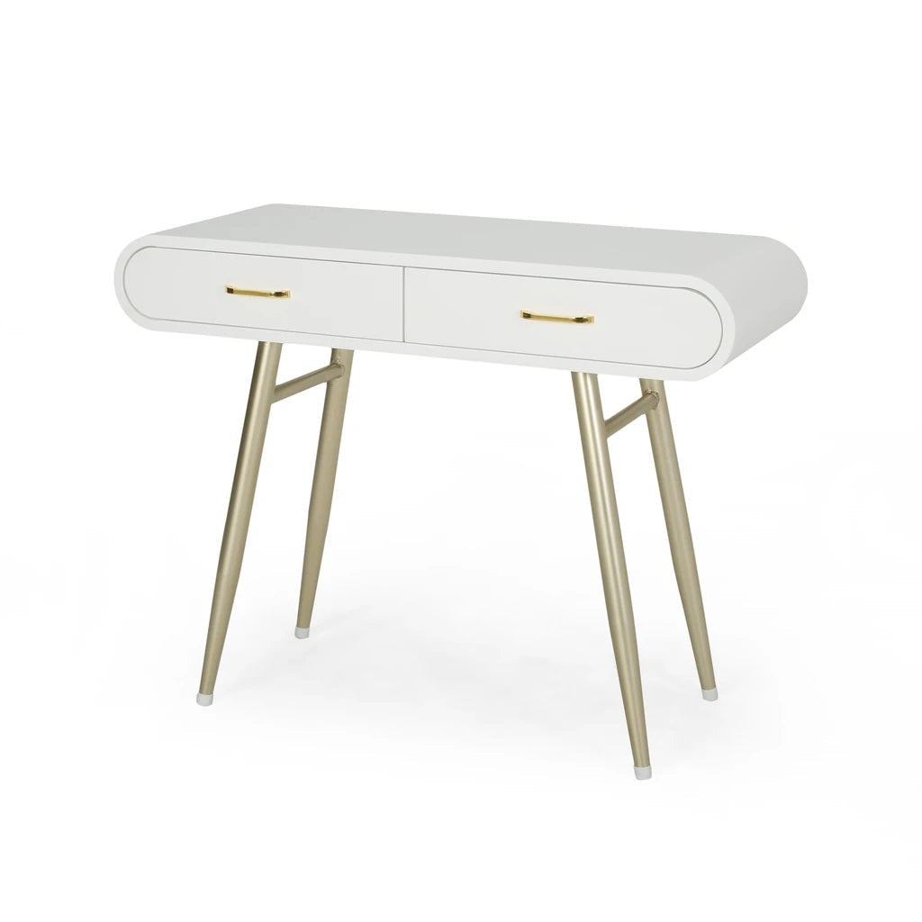 Nola Modern Faux Wood Vanity Table, White and Champagne Gold