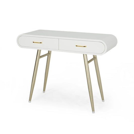 Nola Modern Faux Wood Vanity Table, White and Champagne Gold