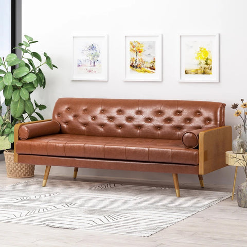 Image of Nunzio Mid-Century Modern Tufted Sofa with Rolled Accent Pillows