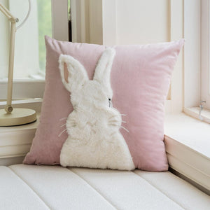 Pink Bunny With 3D Embroidered & Tufted Faux Fur Throw Pillow Cover (Set of 2)