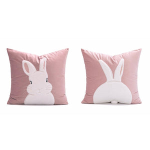 Pink Bunny With 3D Embroidered & Tufted Faux Fur Throw Pillow Cover (Set of 2)