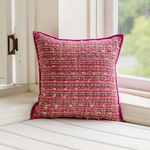 Image of Pink Textured Tweed Delight & Fringed Boho Duo Throw Pillow Cover (Set of 2)