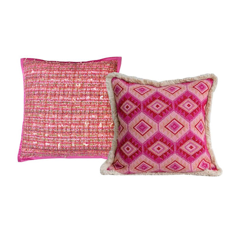 Image of Pink Textured Tweed Delight & Fringed Boho Duo Throw Pillow Cover (Set of 2)