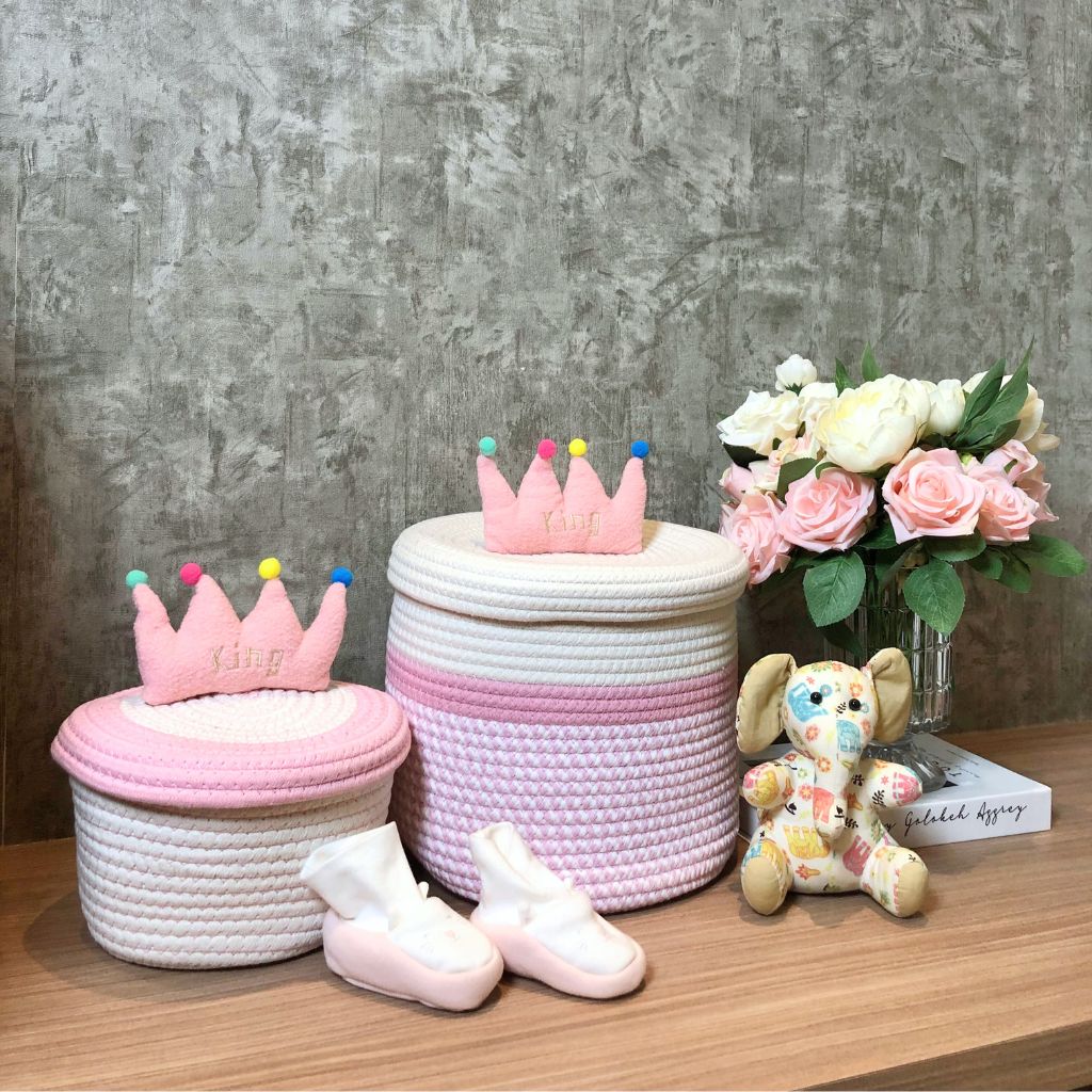 Pink Tiara Cotton Rope Storage Basket with Lid (Set of 2)