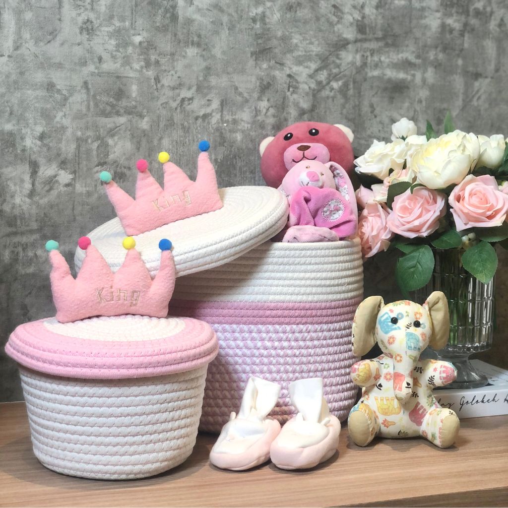 Pink Tiara Cotton Rope Storage Basket with Lid (Set of 2)