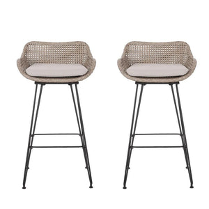 Pondway Outdoor Wicker and Iron Barstools with Cushion, Set of 2-Furny Matter