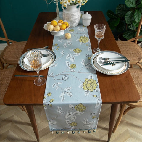 Image of Powder Blue Rose Table Runner with Ball Tassels