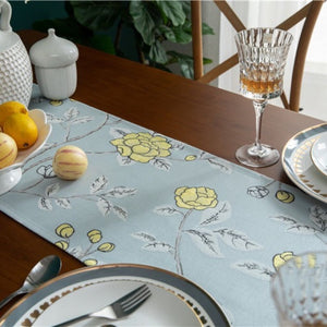 Powder Blue Rose Table Runner with Ball Tassels