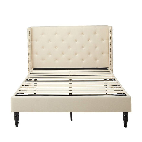 Image of Ray Contemporary Rhinestone-Tufted Wingback Bed Frame with Nailhead Trim