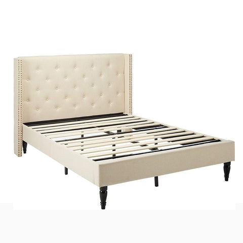 Ray Contemporary Rhinestone-Tufted Wingback Bed Frame with Nailhead Trim