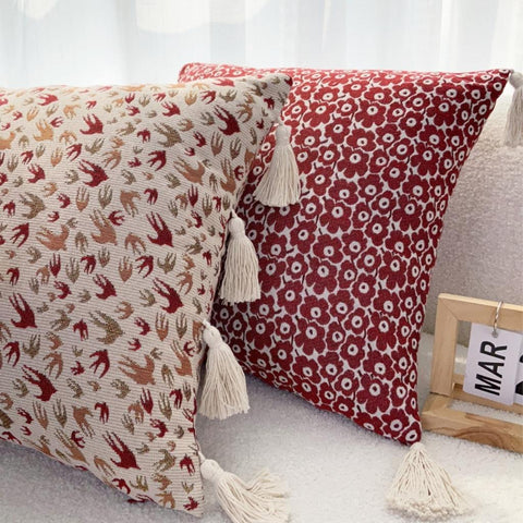 Image of Red Floral Tassel Decorative Throw Pillow Cover