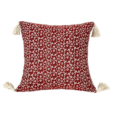 Image of Red Floral Tassel Decorative Throw Pillow Cover