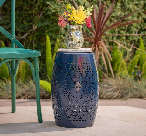Image of Riley Outdoor Modern 12-Inch Floral Cut Metal Barrel Side Table