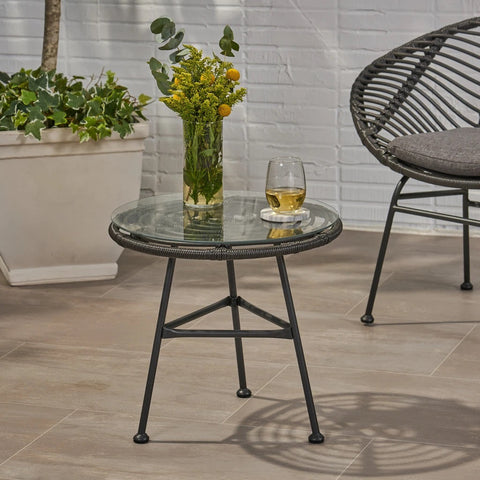 Image of Rodney Outdoor Woven Faux Rattan Side Table with Glass Top