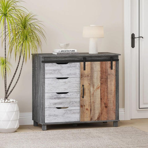 Image of Rustic Farmhouse Sliding Barn Door Cabinet with 4-Drawers